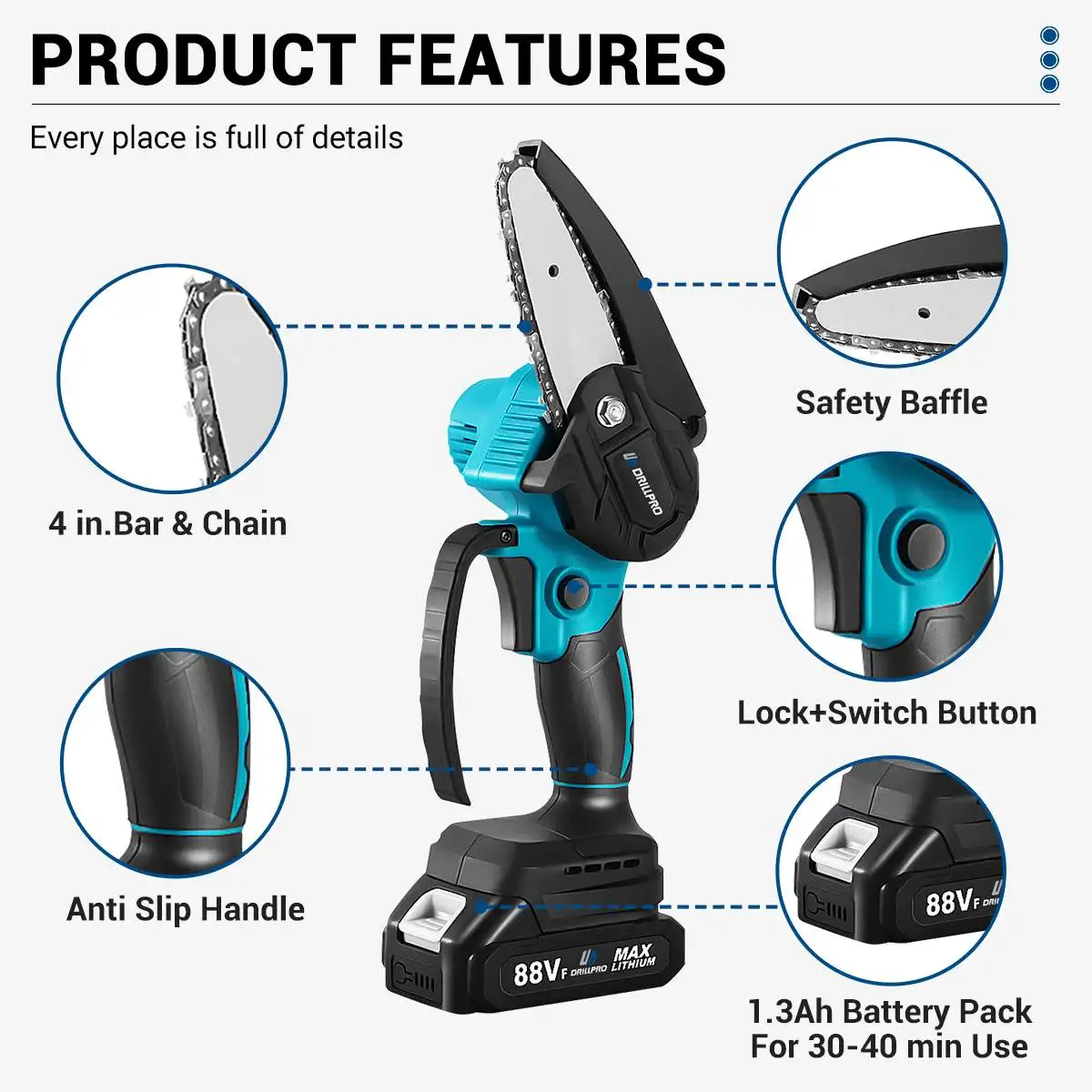 Imagem -02 - Drillpro Cordless Mini Motosserra Elétrica sem Escova Jardim Ferramenta para Carpintaria Bateria Makita 18v 1200w