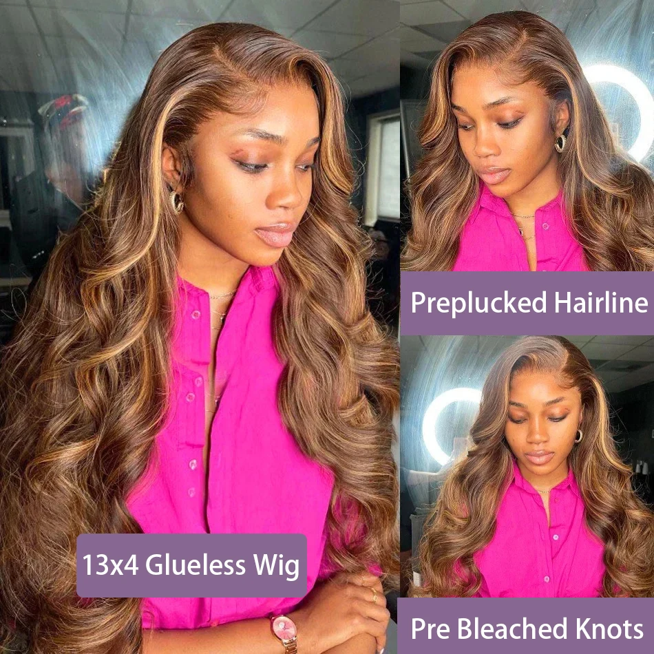 13x4 7x5 Lace Front Lace Closure No Skills Needed 4/27 Pre Bleached Knots Ombre Brown Blonde Easy To Wear Body Wave Glueless Wig