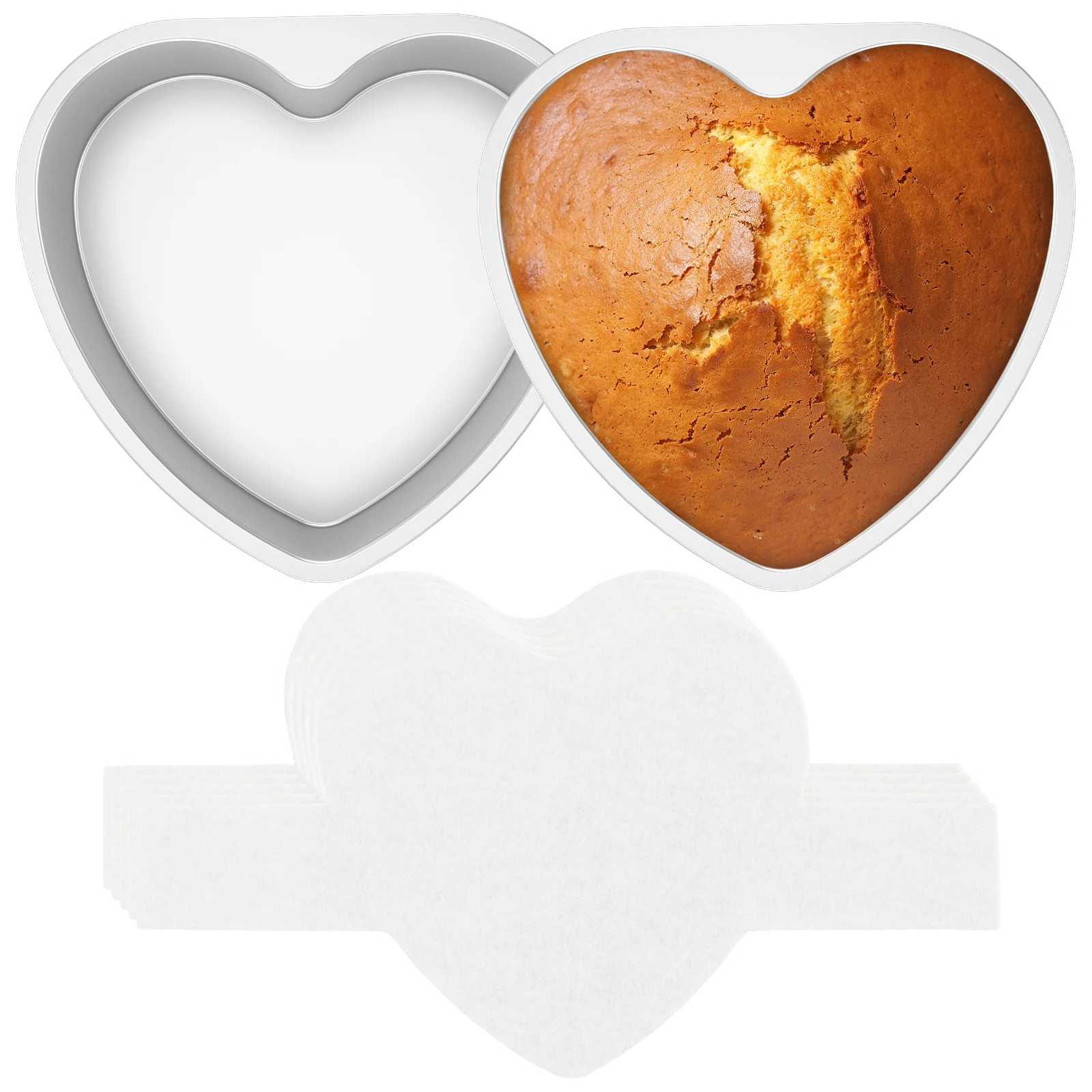 

2 шт., банка для торта в форме сердца из алюминиевого сплава, универсальная, легко снимаемая форма для чизкейка в стиле сердца с 100 бумажными для кухни