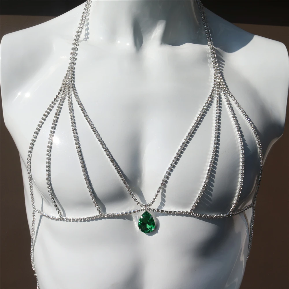 2023 novo luxo verde cristal pingente bra corrente verão praia sexy strass corpo corrente caw corrente requintado jóias acessórios