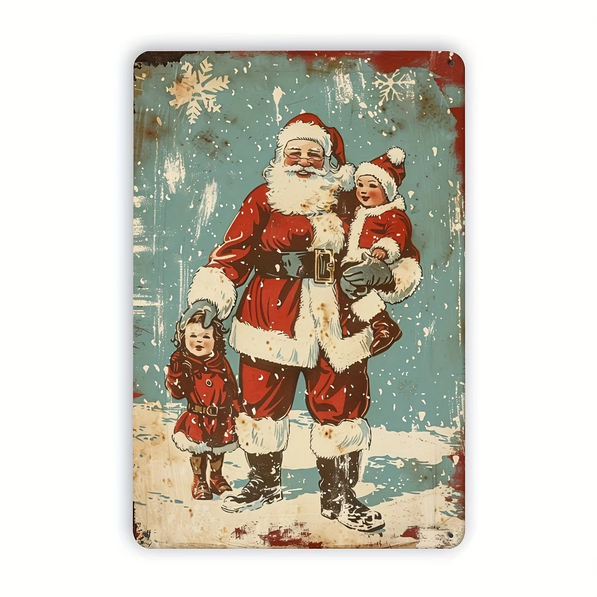 مسطح ثنائي الأبعاد، قطعة واحدة من علامة القصدير الحديدية سانتا كلوز العتيقة مقاس 8 × 12 بوصة - ديكور فني جداري ريفي لعيد الميلاد مع فتحات محفورة مسبقًا، معدن متين #4