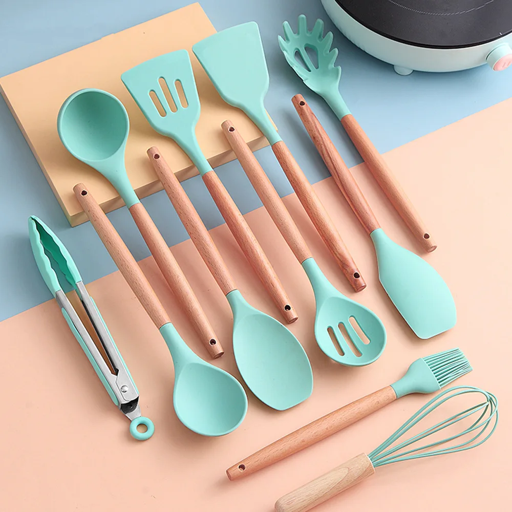 

12pcs Kitchen Silicone Utensils Non-Stick Cooking Tools Wooden Handle Spatula Spoon Spatula Scooper Brush Kitchen Set