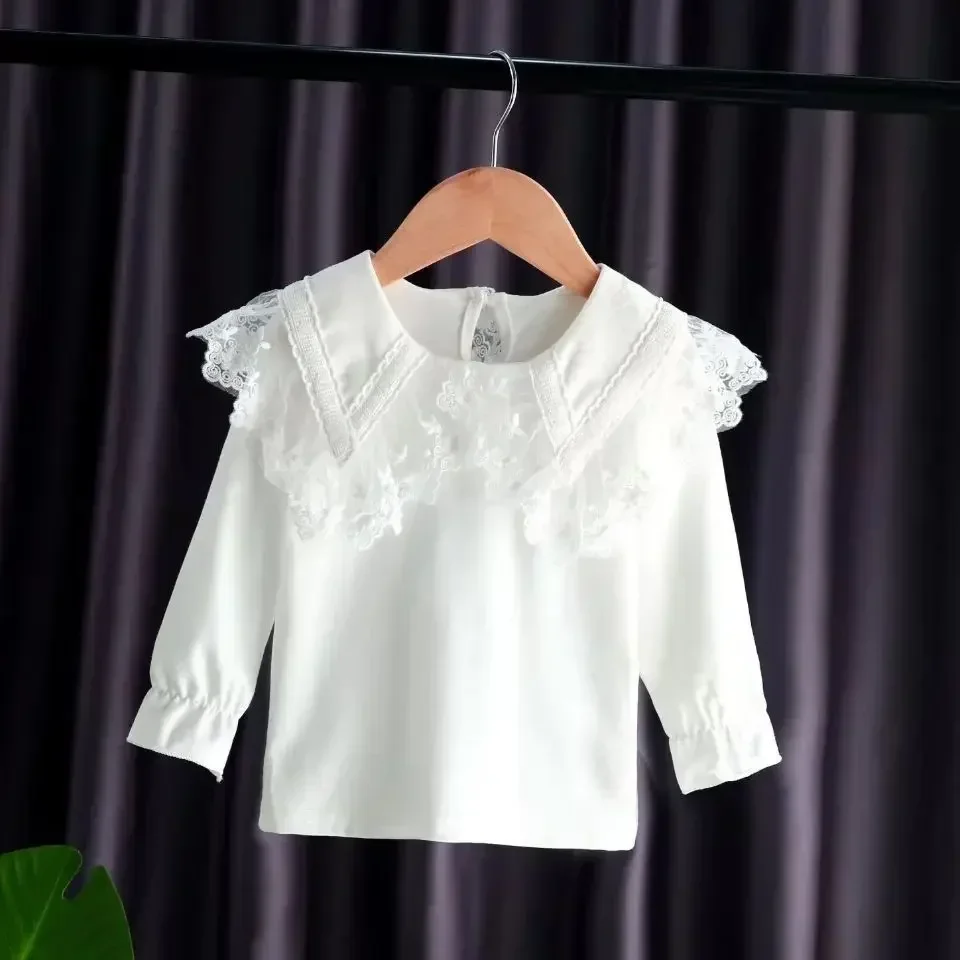 Baby Girls Fashion White Blouses Children New Style Lapel Blouse Flared Sleeves Tops Kids Long-Sleeved Cotton Lace Casual Shirts