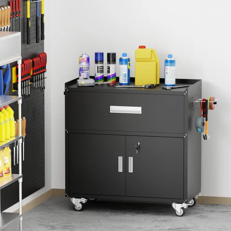 Black metal tool cabinet with locking wheels - adjustable shelves, drawers, double doors, studio and warehouse storage