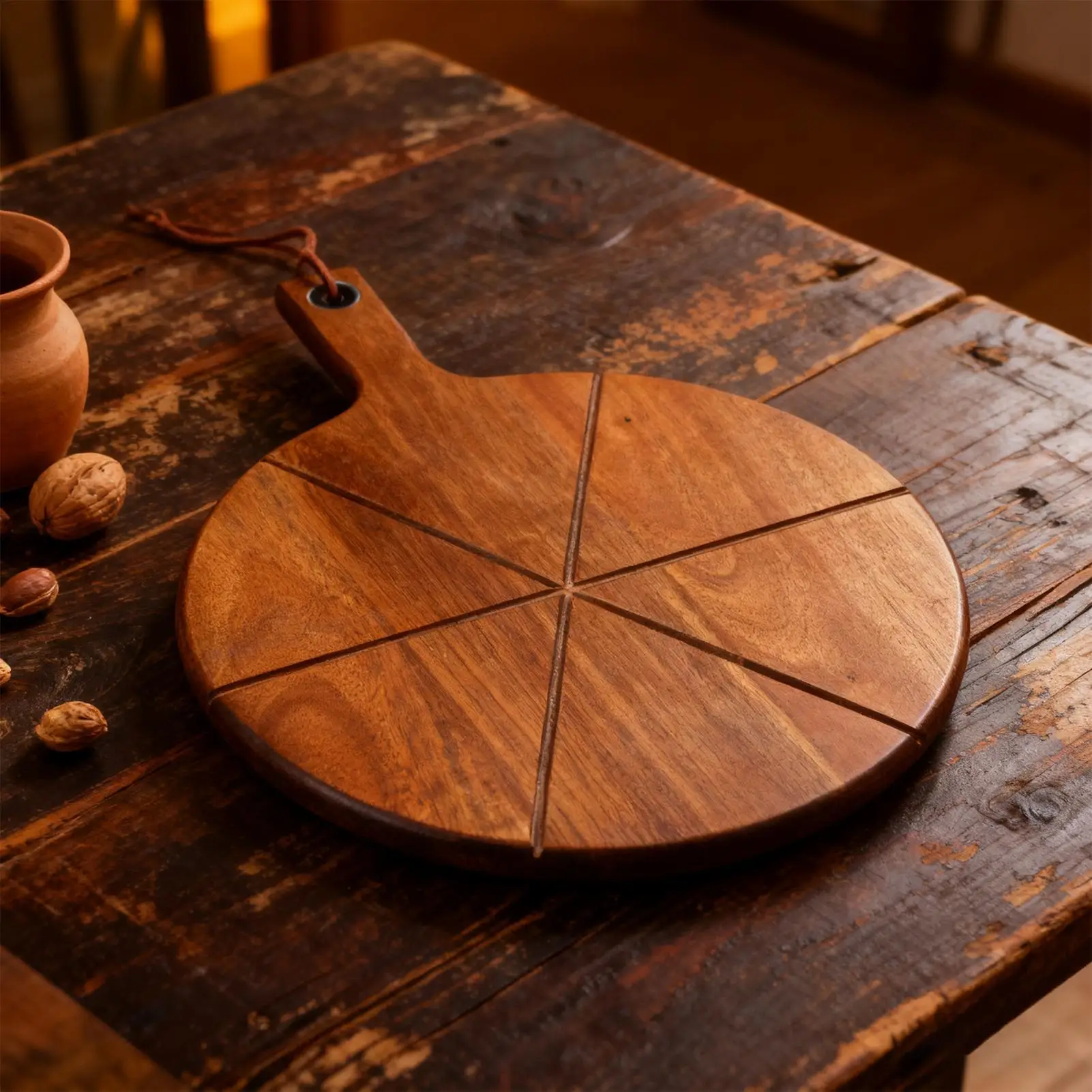 

Сервировочная доска для пиццы с 6 канавками и ручкой, деревянное весло для пиццы, круглая разделочная доска для дома, кухни, аксессуары для духовки для выпечки