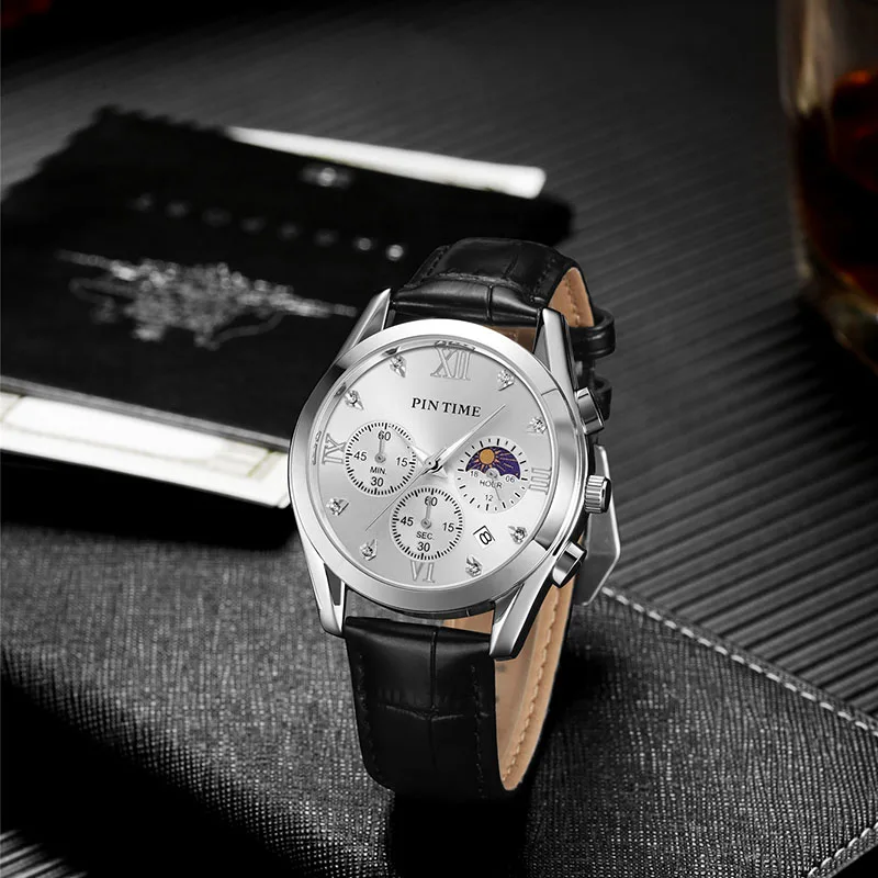 

PINTIME Top Brand Men Leisure Quartz Watch Moon Phase Dial Leather Strap Polished Stopwatch Waterproof Chronometer Popular Item