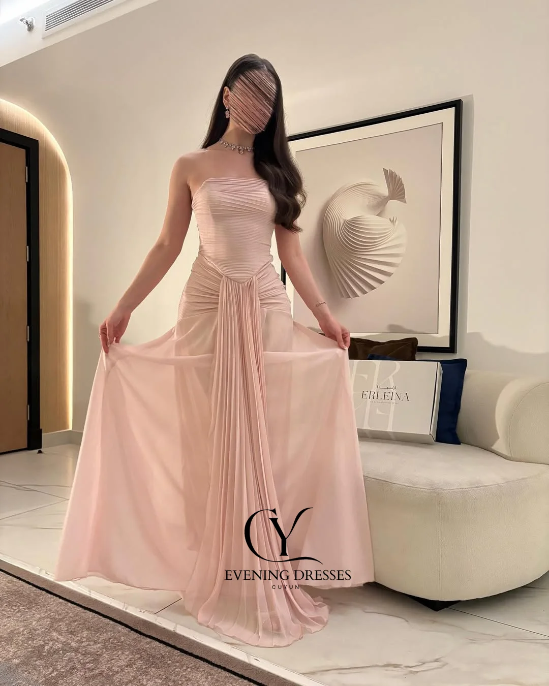 Cuyun personalizado rosa uma linha chiffon maxi vestido de noite sem alças plissado árabe saudita vestido de baile dubai vestido de festa