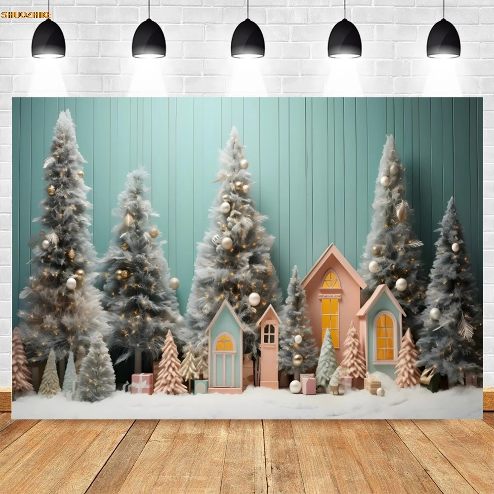 Christmas Decor Backdrop Photography Red Pearls Wooden Winter Snow Xmas Trees New Year Party Banner Background Photo Studio Prop