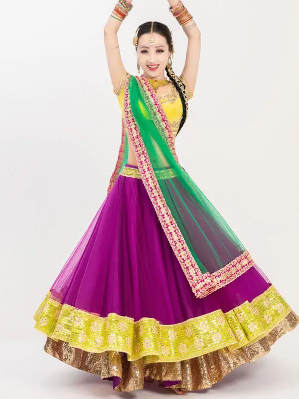 Conjunto de dança indiana com dupla camada feminina, vestido grande de balanço, traje de performance de palco estilo Bollywood roupas femininas
