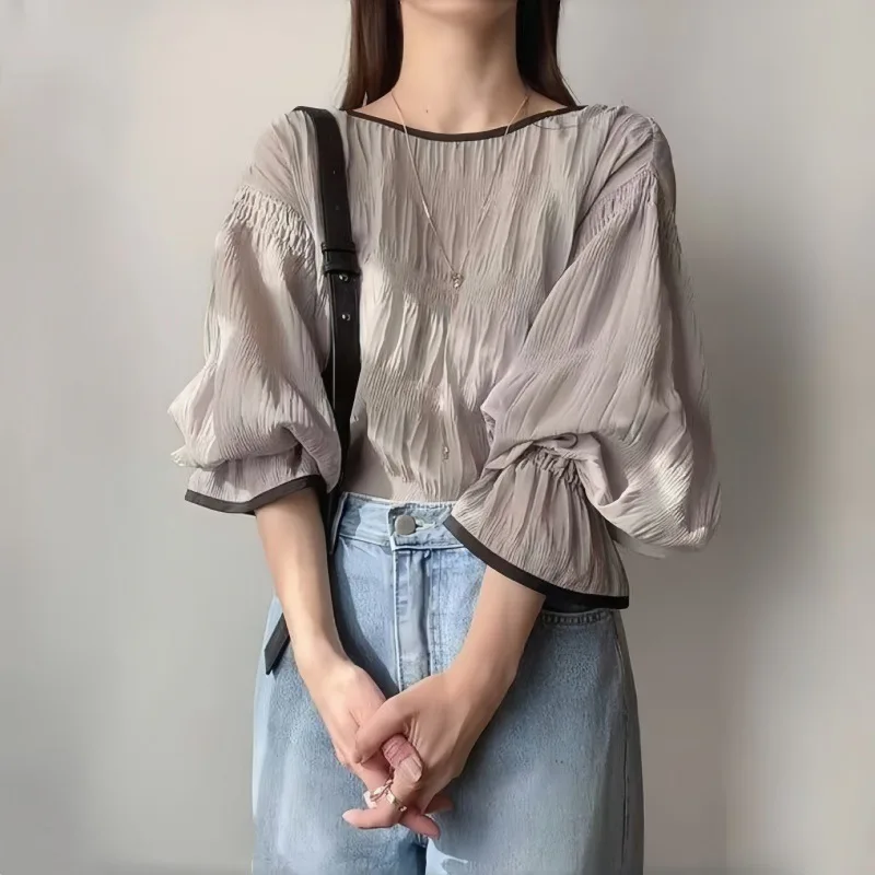 

Japanese Pleated Chiffon Shirt Straps Flared Sleeves Long Sleeves Women's Top