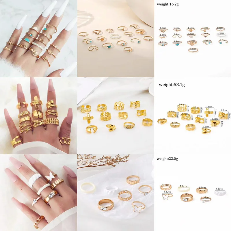 طقم خاتم مفتوح للنساء ، مجوهرات بسيطة ، نجمة ، قمر ، فراشة ، ثعبان ، فيروز ، خمر ، كريستال مجوف ، زركون ، لؤلؤ ، حفلة