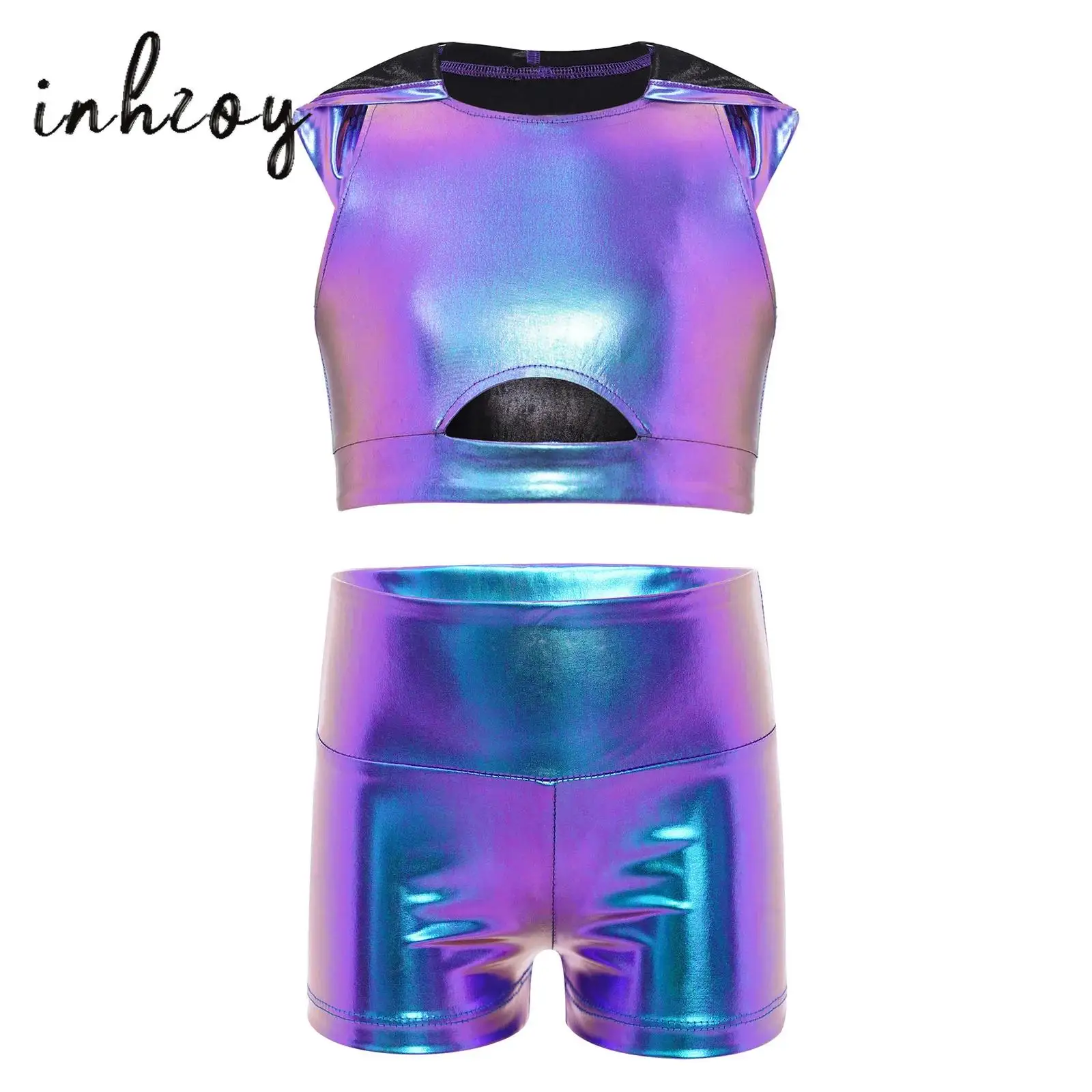 

Kids Girls Shiny Metallic Jazz Dance Outfit Sleeveless Cutout Front Hooded Crop Top with Shorts for Gymnastics Performance Disco