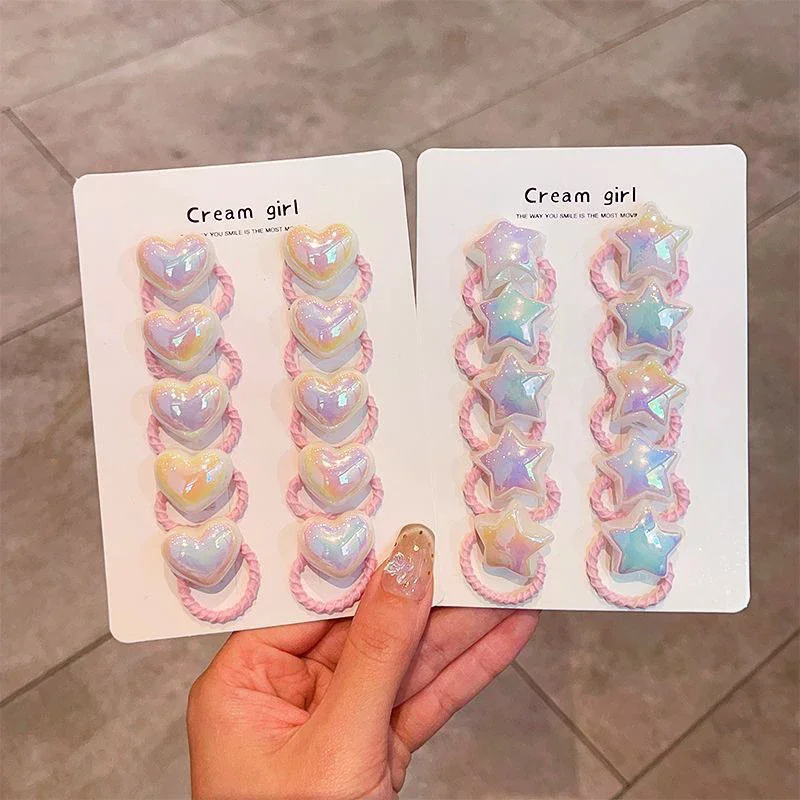 Élastiques à cheveux en forme de cœur et d'étoile pour tout-petits, bandeaux élastiques en caoutchouc pour enfants, accessoires de coiffure, lot de 10, mignons élastiques à cheveux pour bébés filles