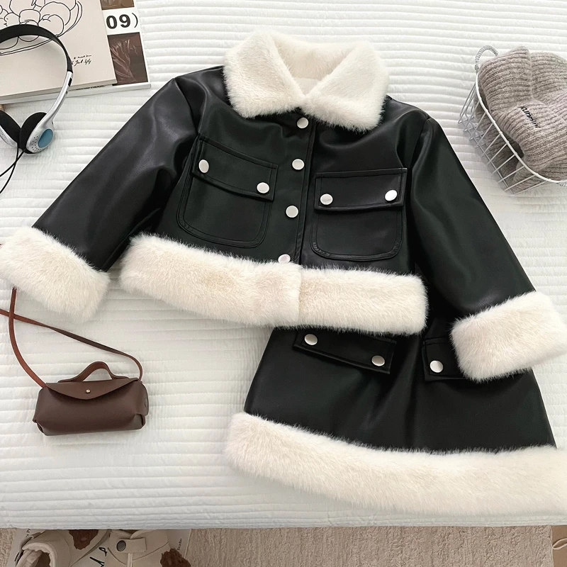 Girls' Winter Suit New Girl Plush Splicing Collar and Plush Leather Coat+Leather Skirt Two Piece Set