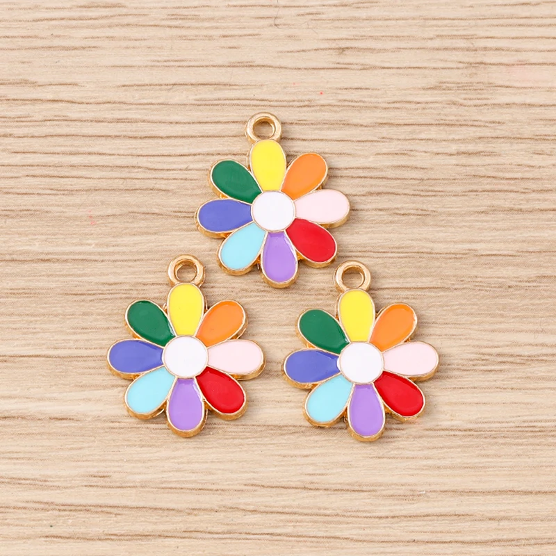 10 Stück 16 x 21 mm niedliche bunte Emaille-Blumen-Charms-Anhänger für Schmuckherstellung, Ohrringe, Halsketten, Armbänder, DIY-Bastelzubehör – Detail 3