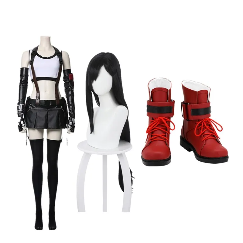 Tifa Lockhart Cosplay Kostüm Fantasy Vii Frauen Schuhe Stiefel Perücke Outfits Sport Weste Rock Outfits Halloween Karneval Anzug