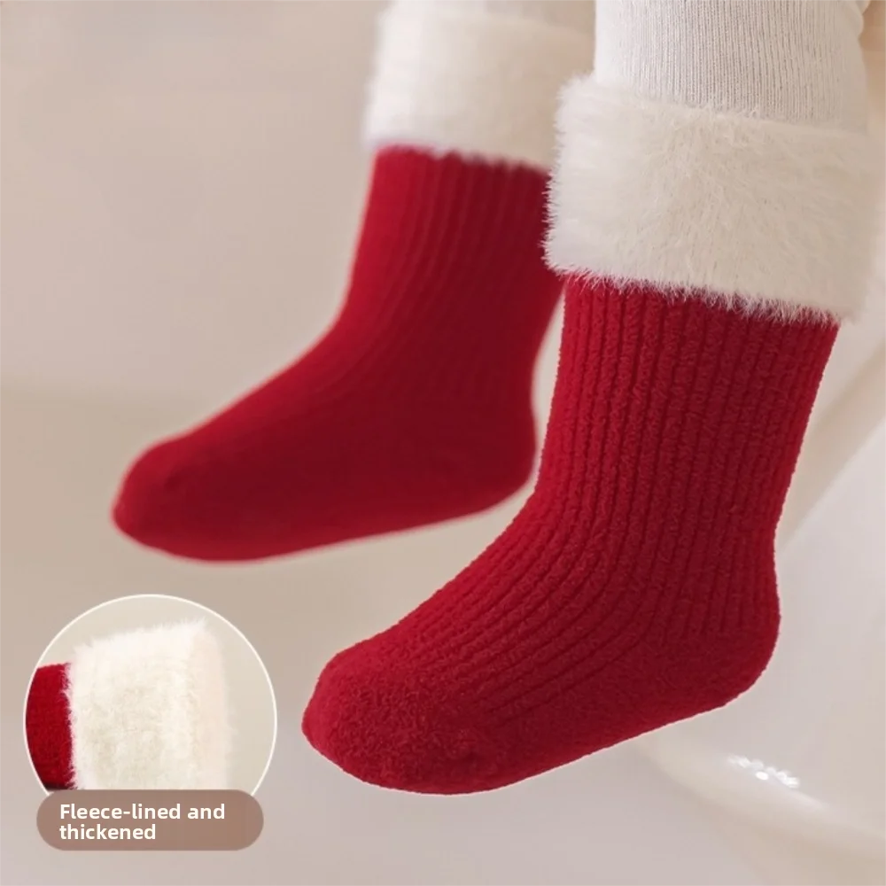 New Year Socks For Newborn Baby Kids Red Soft Thickened Velvet Toddler Mid Socks Girls Infant Boys Cute Boneless Socks