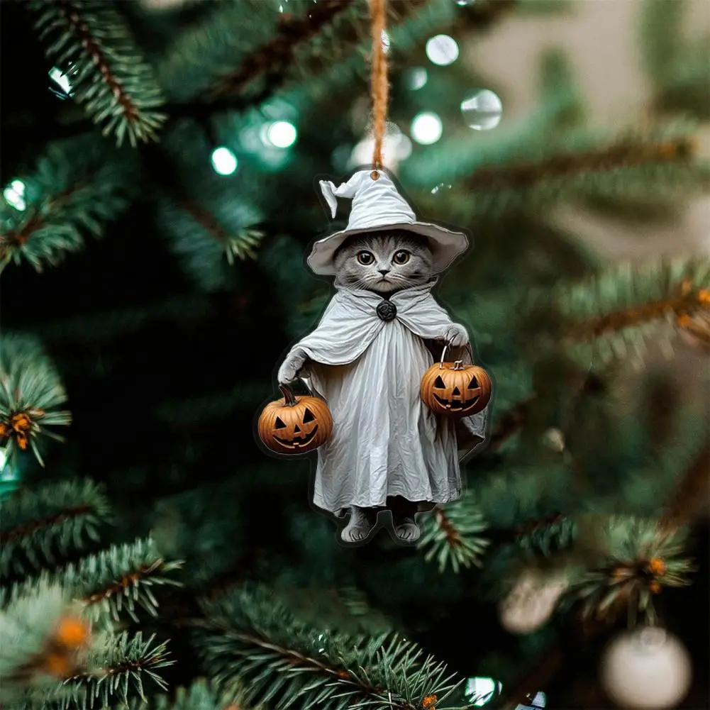 Car Pendant Decoration Fun Car Accessory Halloween Cartoon Witch Cat Car Mirror Hanging Decoration Keychain Set 2d for Rearview