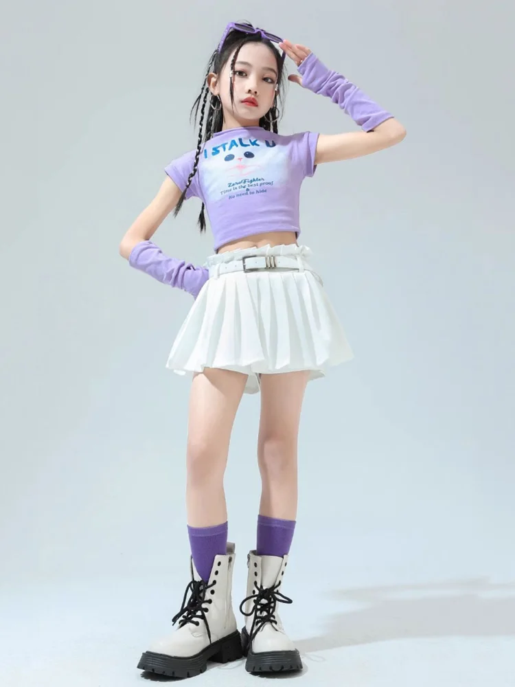Kid Hip Hop Clothing Cat Mock Neck Crop Top T Shirt Arm Sleeve White Skirts for Girl Jazz Dance Costume Hip-hop Clothes