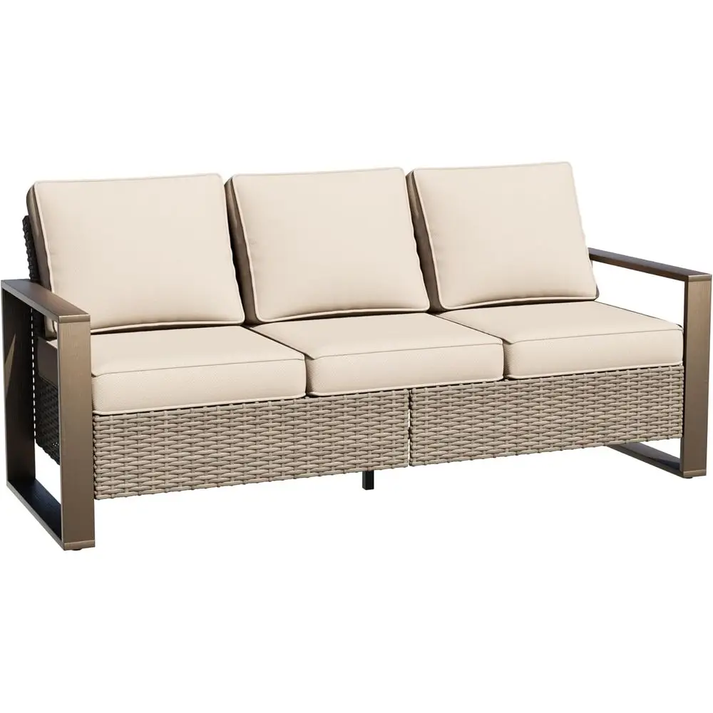 

All-Weather 75 Outdoor Wicker 3-Seat Sofa with Cushions and Wooden Metal Armrests for Patio, Garden, Deck, Beige