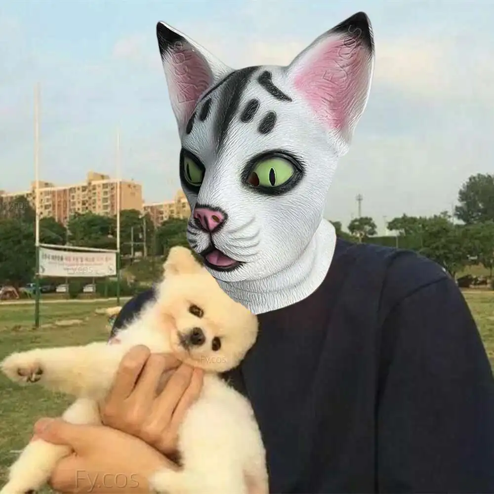 Cat Head Mask Halloween Costume Party Cosplay Animal Latex Hood Funny Dog Cow Full Face Carnival Festival Outfit Women Clothing