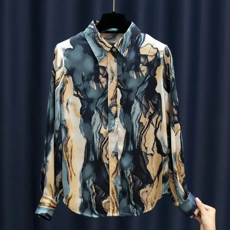 Fashion Tie Dye Printed Button Shirt Women's Clothing 2024 Spring New Casual Loose Oversized Lapel Long Sleeve Blouse Female