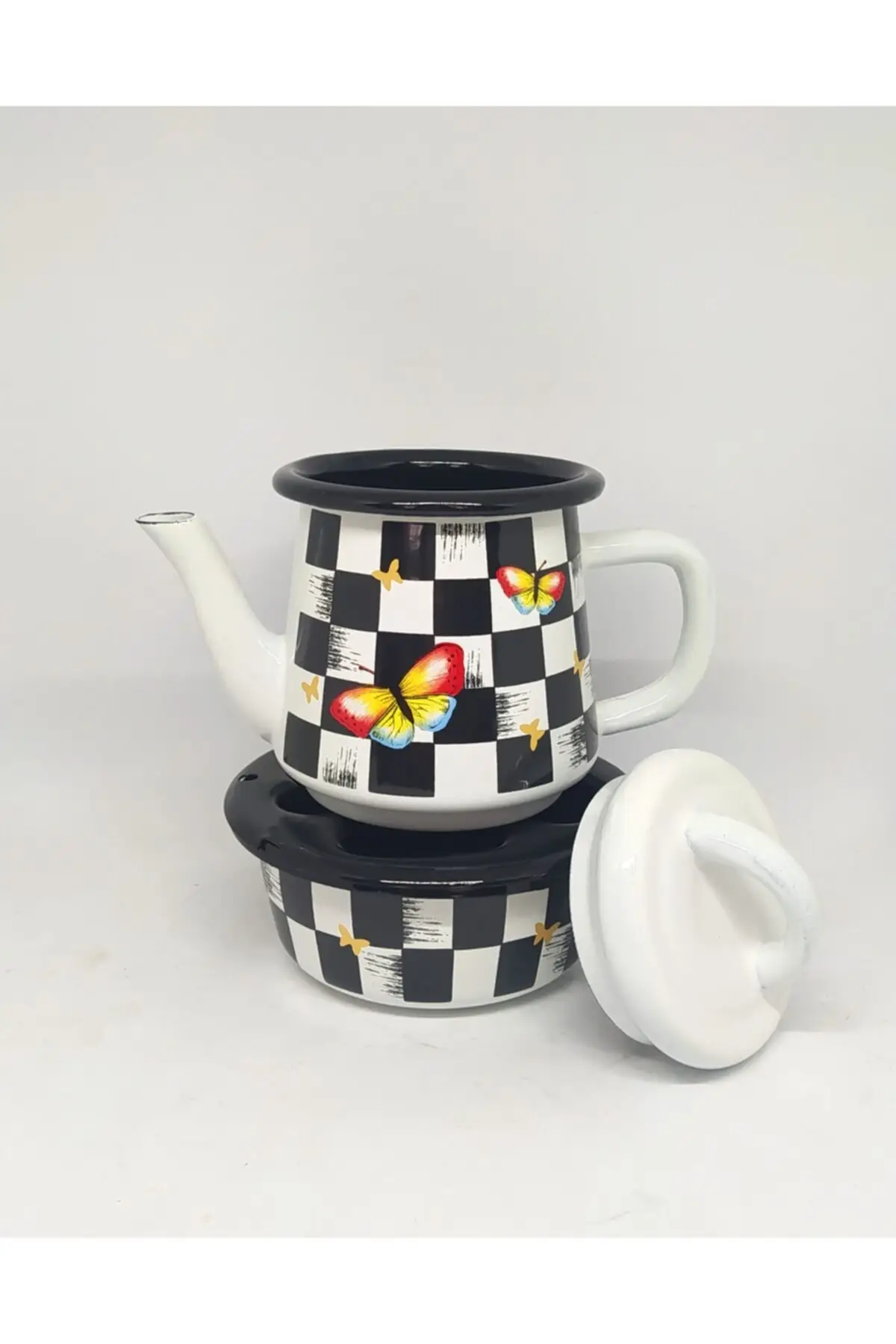 Ebruliemaye Checkers Butterfly Enamel Isıtıcılı Teapot Set