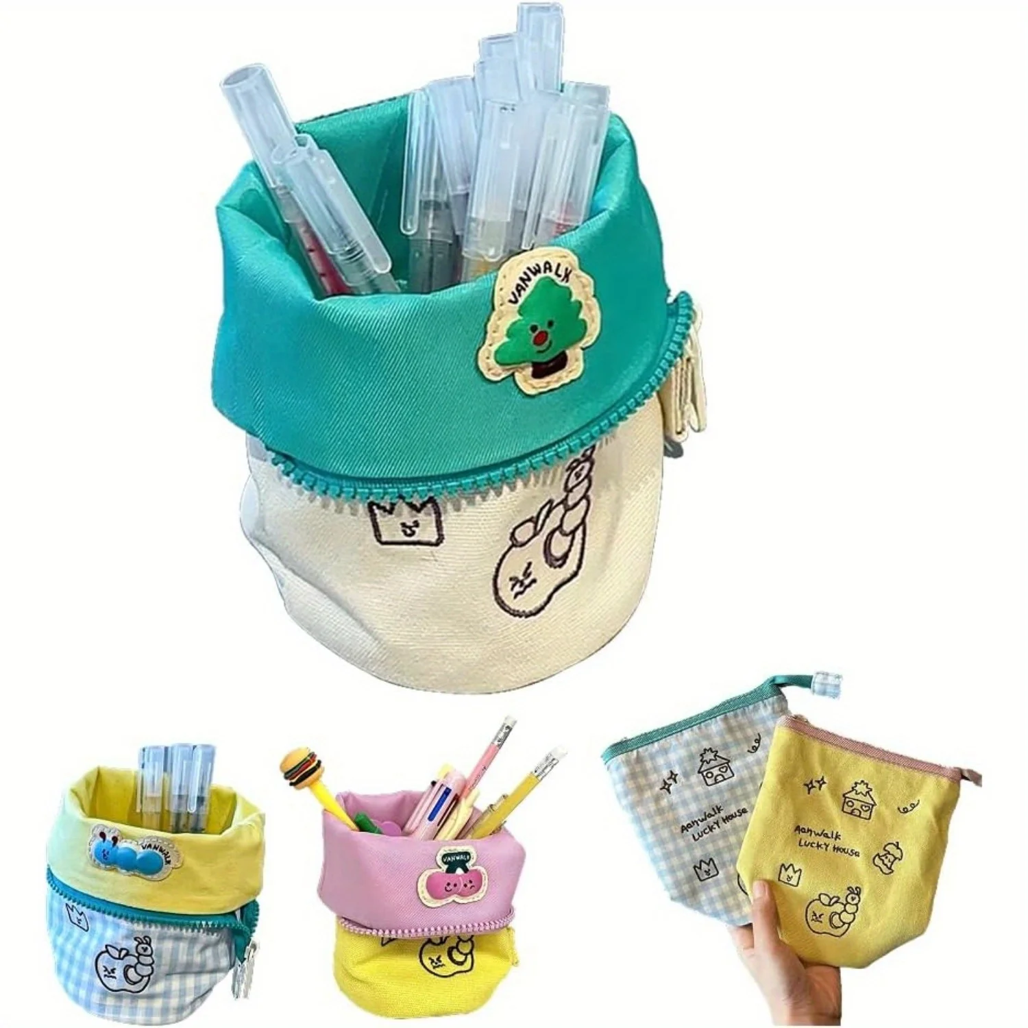 Large Vertical Pencil Case with Flip Cover and Embroidery - Creative Stationery Storage Multifunctional Back To School Supplies