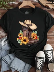 Women's T-shirts, denim riding boots and sunflower printed T-shirts, summer comfortable loose top, street women's clothing