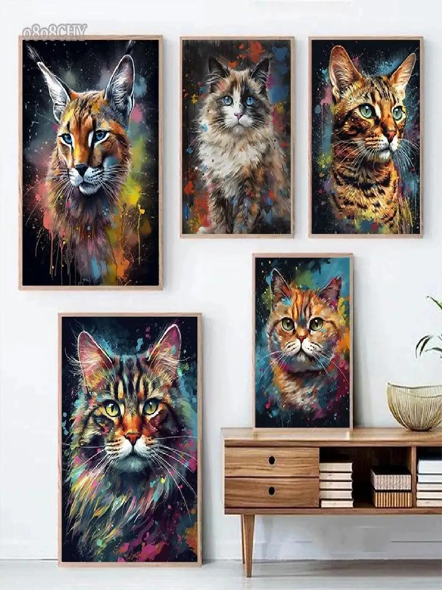 Colorful Abstract Cat Canvas Art  Bengal Ragdoll Shorthair  Siamese Graffiti Wall Decor Poster