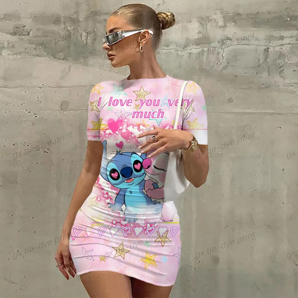 Summer Leisure Disney Cartoon Print Lilo&Stitch Girls\' Dress Children/Adults Parent Child Dress Beach Party O-Neck Short Sleeve