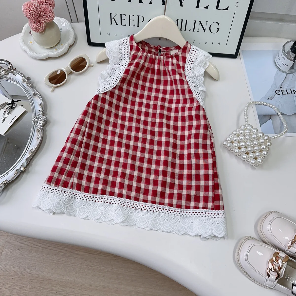 

Girls Korean Sleeveless Dress Summer New Baby Girl Lace 2025 Flying Sleeve Plaid Vest Skirt Fashion Casual