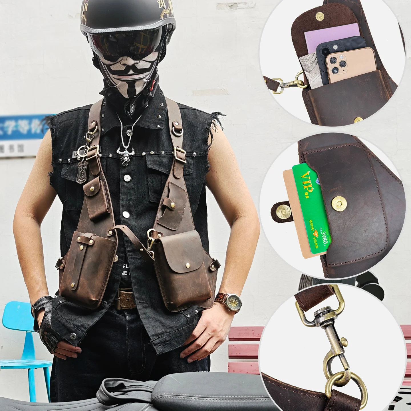 

Двойной плечевой ремень с несколькими карманами, уличная противоугонная тактическая сумка для рыбалки, многофункциональные мужские сумки через плечо из натуральной кожи