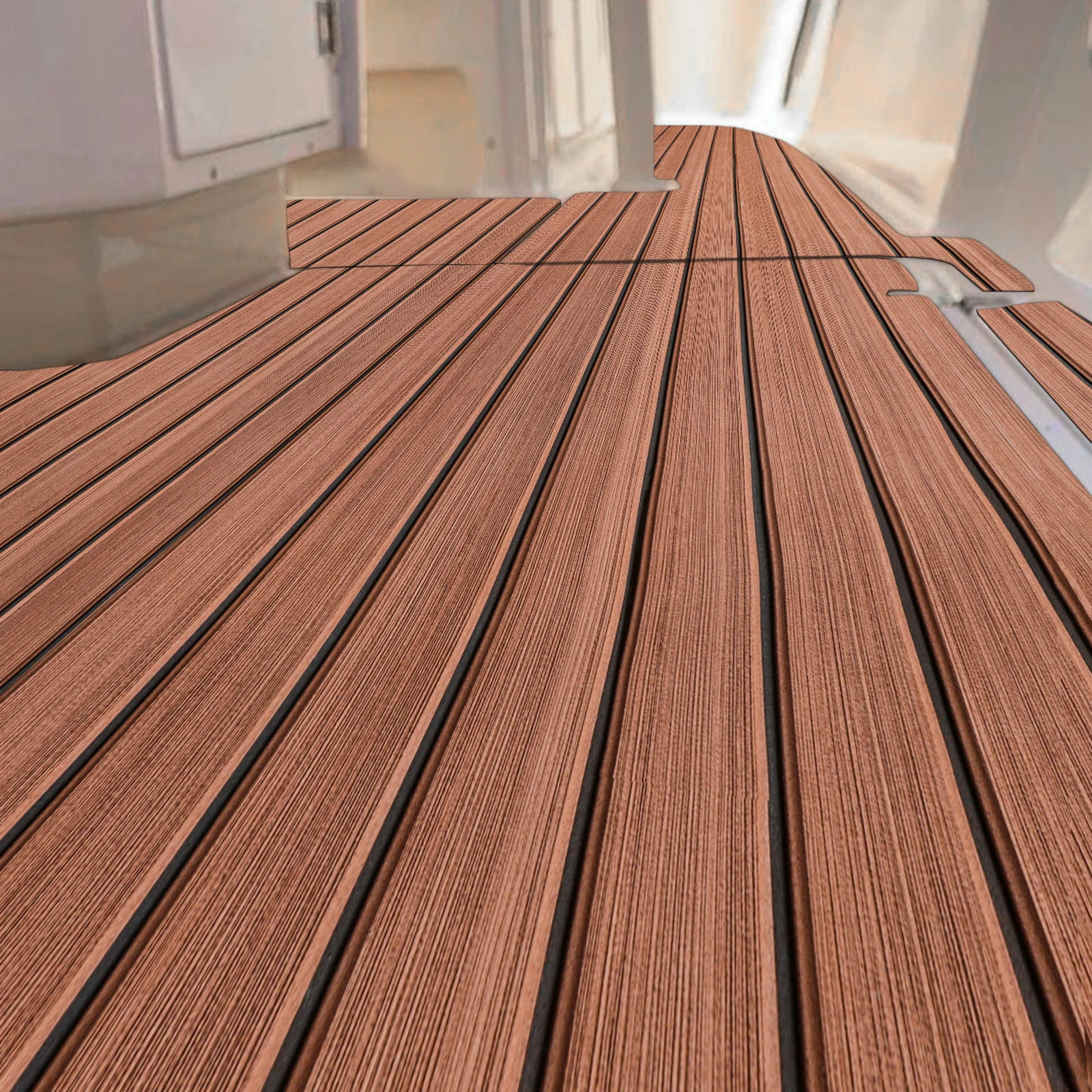EVA Foam Faux Teak Motorhome Floor Mat Self-Adhesive Anti-Skid Waterproof Shock Pad for Camper RV Interior Flooring ﻿