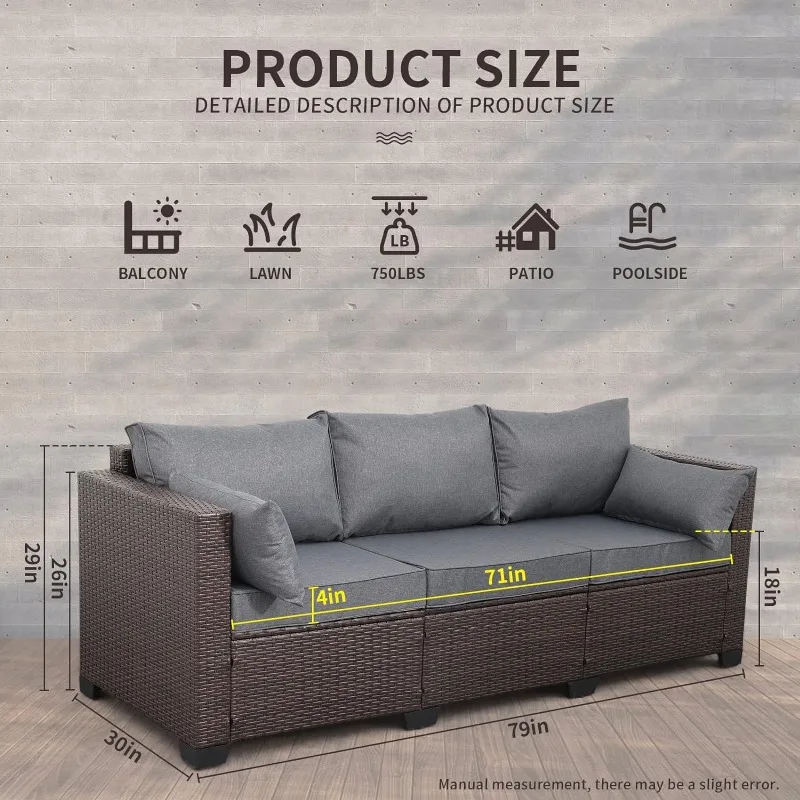 Patio Couch PE Wicker Outdoor 3-Seat Sofa Brown Rattan Furniture Set Deep Seating with Anti-Slip Grey Cushion