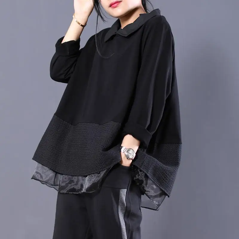 Artistic Loose Fit Long Sve irt Lace Ogees Splicing Design Korean Sle Spring Autumn Women's Faion Premium Quali