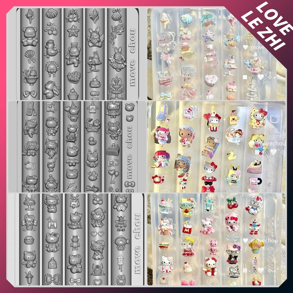 

Sweet Cartoon Kt Cat Bear Cross Dressing Nails Carving Mold Cute Duck Bee Bowknot Ice Cream Cherry Strawberry Silicone Nail Mold