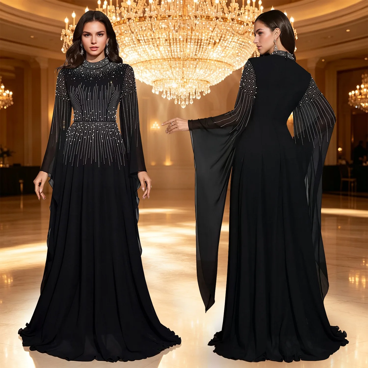 Chiffon Evening Gown with Rhinestones, Beaded Embellishments, and Flowing Sleeves