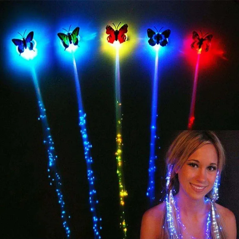 6PCs Colorful Luminous Braids Butterfly Glitter Fiber Optic Hair LED Silk Braids Bar Prom Aid Supplies Hairband Hair Decor