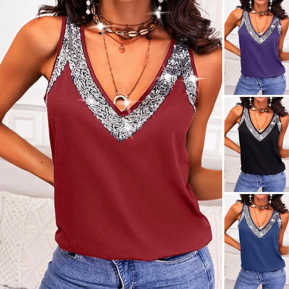 Women Summer Tank Tops V-neck Sleeveless Loose Fit Vest Top Shiny Sequins Decor Stretchy Casual Blouse Streetwear