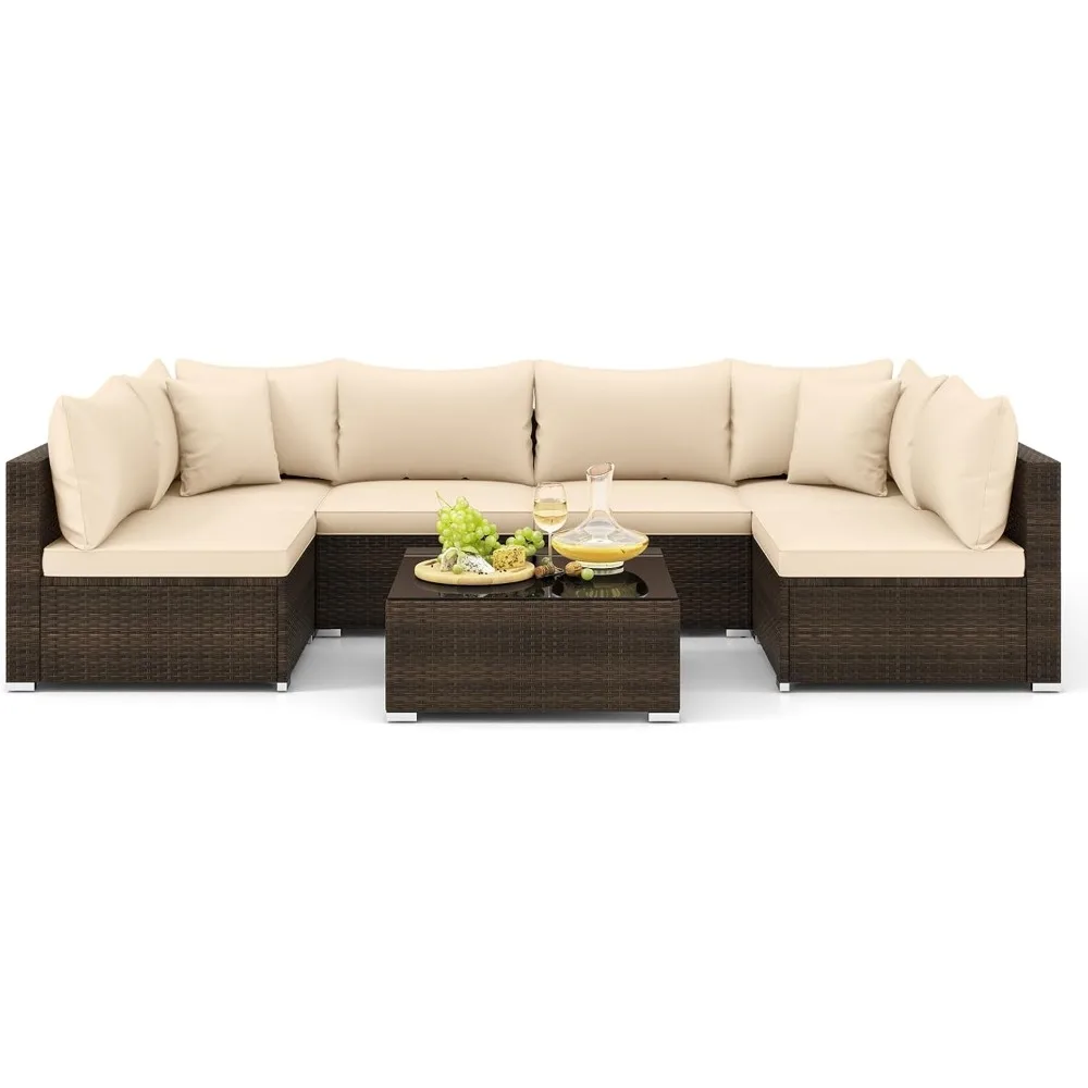 

Набор мебели из ротанга для патио из 7 предметов, набор для бесед на открытом воздухе Patiojoy с подушками и журнальным столиком из закаленного стекла,