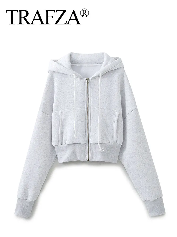 TRAFZA Spring Women Casual Hooded Sweatshirt Long Sleeve Zipper Hooded Coat Slim Cropped Hoodie Jacket Female Fashion Streetwear