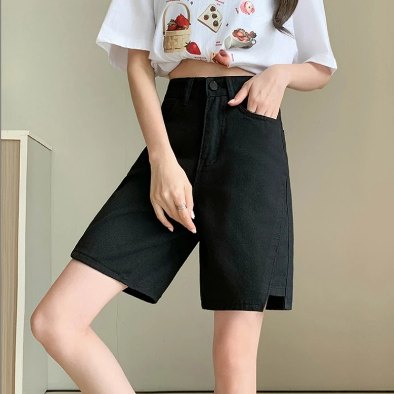 Solid Color Denim Shorts Women Summer High Waist Loose Thin Straight Leg Trousers Office Lady Versatile Casual Shorts Female