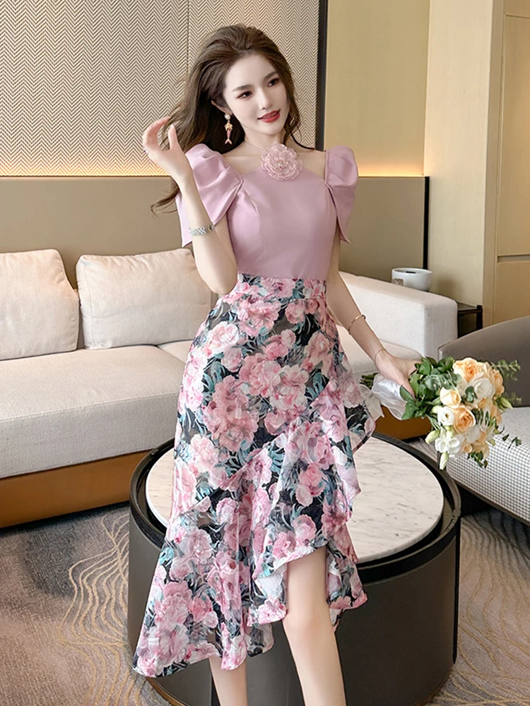 Fashion Summer Sexy Chic 2 Piece Outfit Elegant Women Lady Puff Sleeve Cropped Short Tops Shirt Blouse Midi Skirt Mujer Slim Set