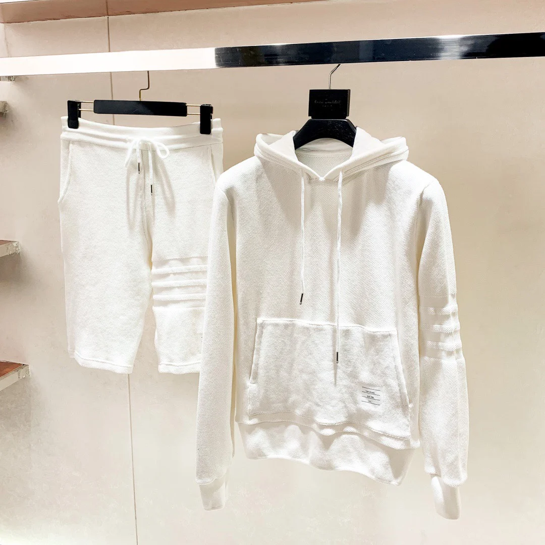 

Thombraden Invisible Dark Knitted Hoodie Sweatshirt round Neck Casual Women's Short Pants Set Pink White Comfortable Breathable