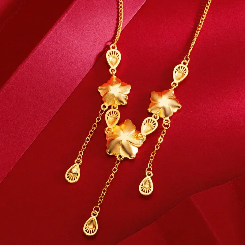 

9999 Real Gold 24K Niche Design Sense New Chinese Water Drop Strawberry Three Flower Set Chain Bridal Flower Wedding Necklace