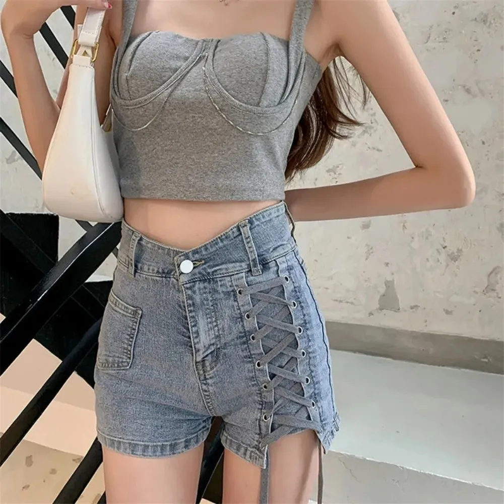 

Spice Girls Show Thin Denim Shorts Women Summer Cross Bandage Design Sense Korean High Waist A-Line Hot Jeans Pants Streetwear