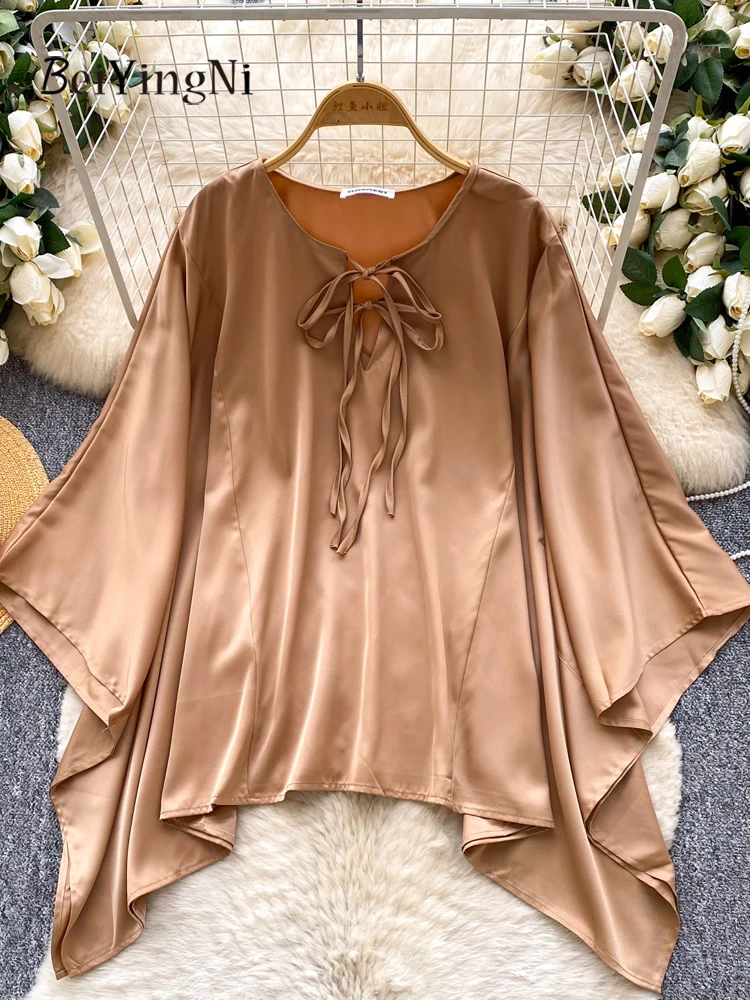 

Повседневные блузки оверсайз Beiyingni для женщин: свободные рубашки с V-образным вырезом на шнуровке в корейском стиле, новинка 2026 года, модные и шикарные топы
