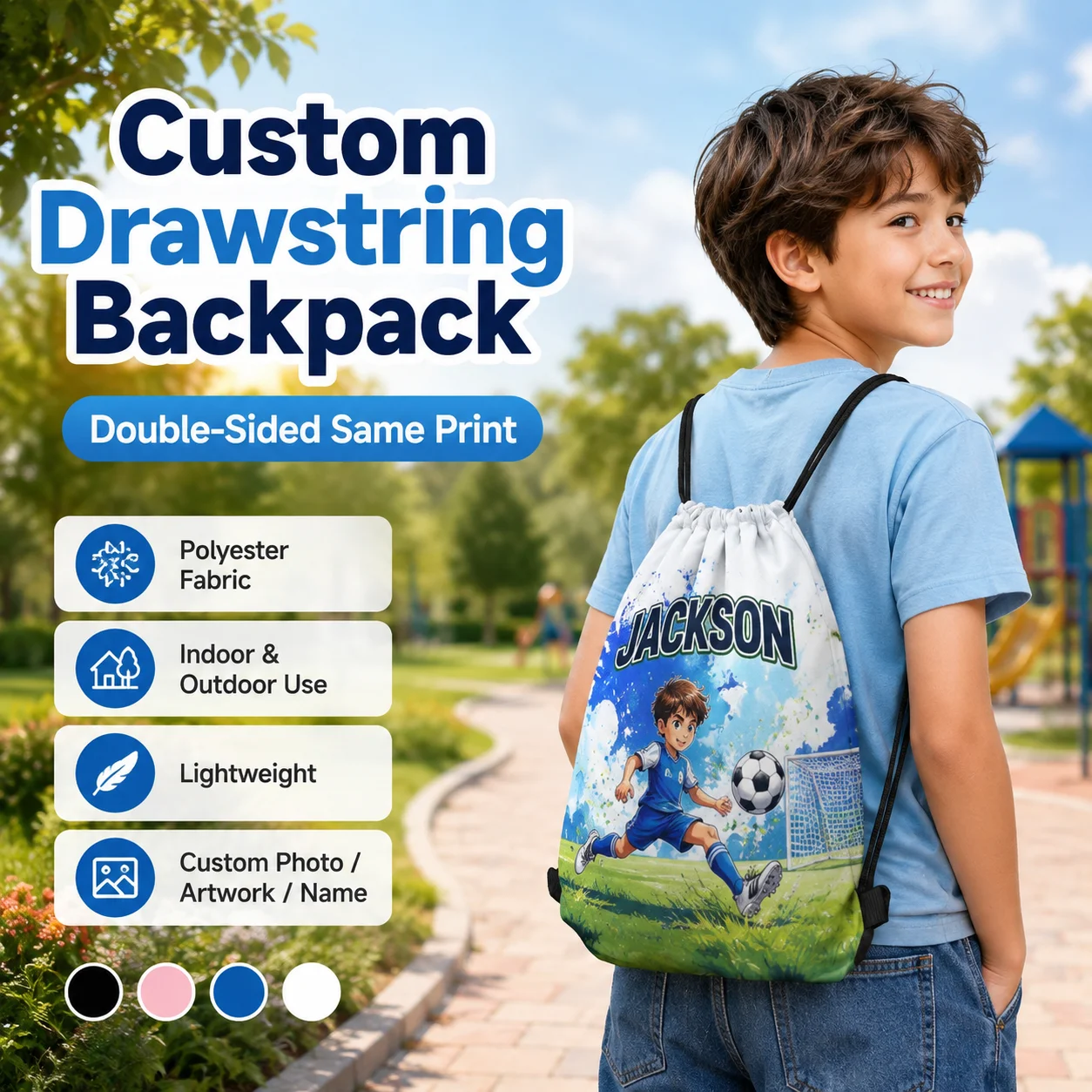 Custom Photo Drawstring Backpack, Personalized Double-Sided Print Gym Sack Bag for School, Travel, Sports, Party Gifts, Kids Use