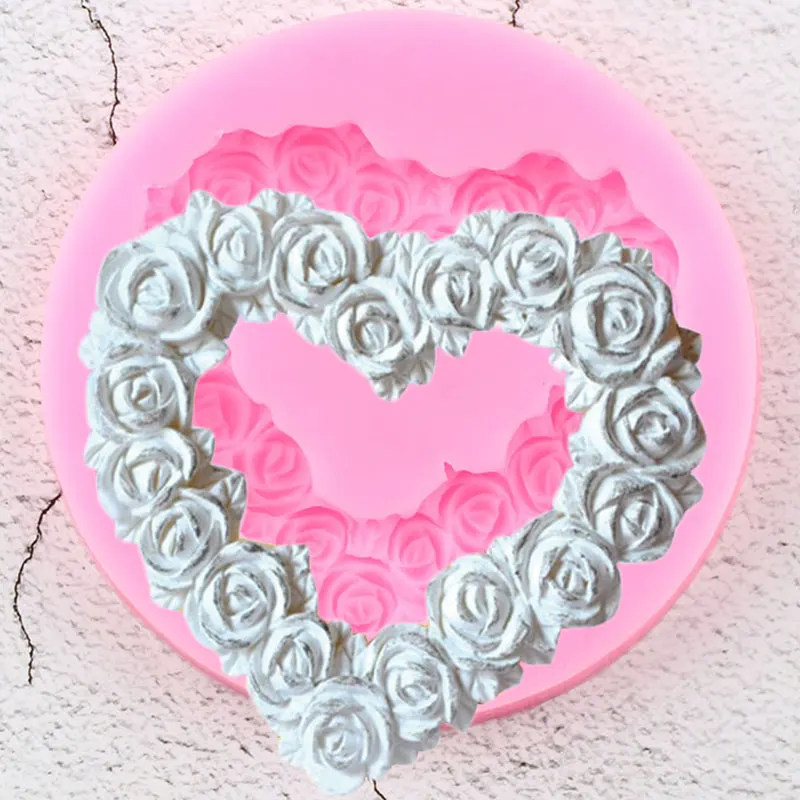 Heart Shaped Roses Wreath Silicone Mold DIY Wedding Cupcake Topper Fondant Molds Cake Decorating Tools Chocolate Gumpaste Moulds